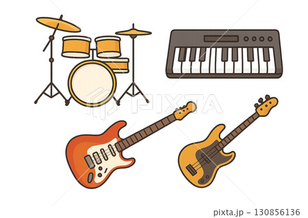 楽器イラストセット(ドラム、キーボード、ギター、ベース) 楽器イラストセット(ドラム、キーボード、ギター、ベース) 130856136