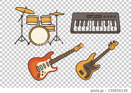 楽器イラストセット(ドラム、キーボード、ギター、ベース) 楽器イラストセット(ドラム、キーボード、ギター、ベース) 130856136
