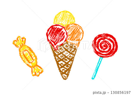 Chalk drawing of sweets including candy, ice cream and lollipop. Hand drawn crayon scribble style illustration with bright and playful mood. 130856197
