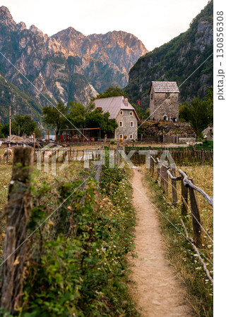 Rural Landscape with Reconciliation Tower in Theth Village Rural Landscape with Reconciliation Tower in Theth Village 130856308
