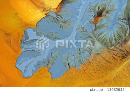 Patterns of acid mine drainage in decanting lake, nature pollution, aerial view Patterns of acid mine drainage in decanting lake, nature pollution, aerial view 130856334