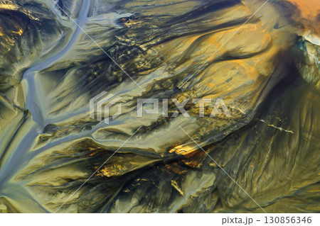 Patterns of acid mine drainage in decanting lake, nature pollution, aerial view 130856346