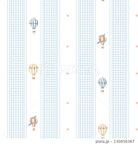 Seamless watercolor pattern with hot air balloons, blue stripes and stars. Perfect for nursery wallpaper, kids room decor, fabric and wrapping paper. Seamless watercolor pattern with hot air balloons, blue stripes and stars. Perfect for nursery wallpaper, kids room decor, fabric and wrapping paper. 130856367