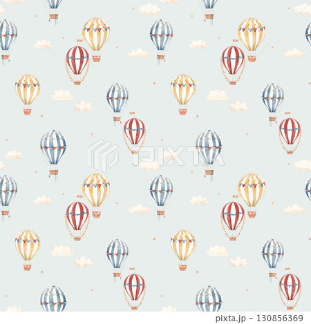 Cute watercolor seamless pattern with striped hot air balloons and soft clouds. Perfect for nursery wallpaper, kids room decor, textile design. 130856369