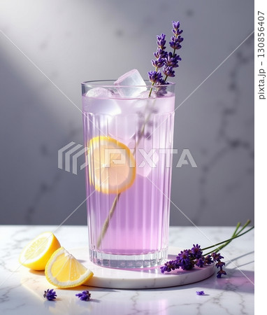 Refreshing Still Life Lavender Lemonade Beverage with Ice Cubes and Flower 130856407