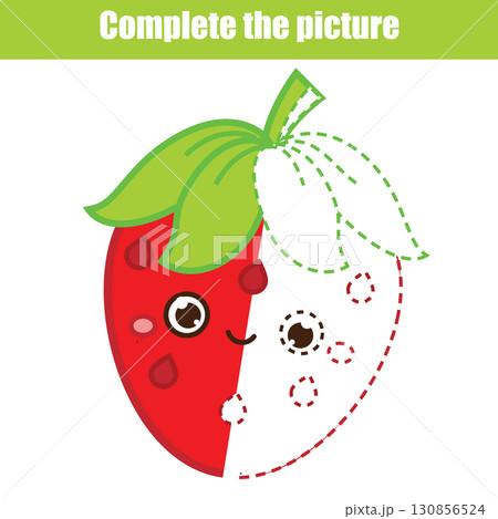 complete picture educational children game. Kids drawing worksheet. Printable activity for toddlers. Draw cute strawberry 130856524