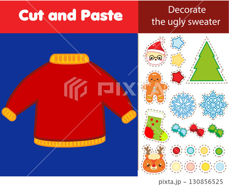 creative children educational game. New Year Paper cut activity. Decorate Christmas the ugly sweater with glue and scissors 130856525