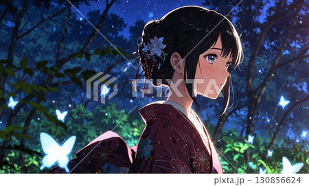 美しい風景を背に立つ着物の美少女 130856624