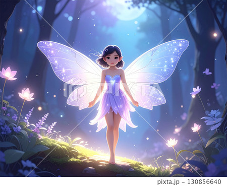 月明かりの下で花の上に立つ妖精と蝶の幻想的なイラスト 月明かりの下で花の上に立つ妖精と蝶の幻想的なイラスト 130856640