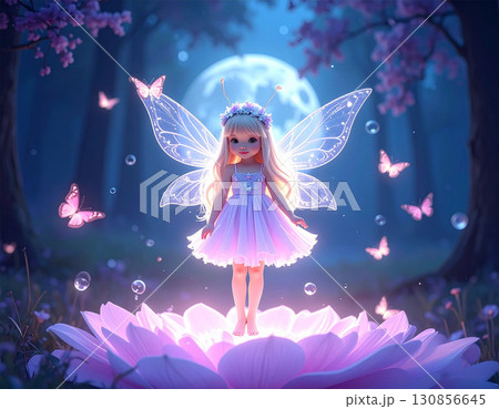 月明かりの下で花の上に立つ妖精と蝶の幻想的なイラスト 130856645