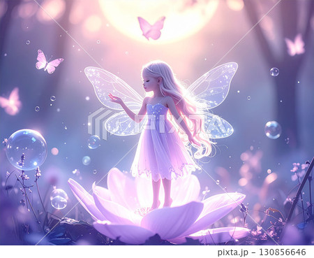 月明かりの下で花の上に立つ妖精と蝶の幻想的なイラスト 130856646