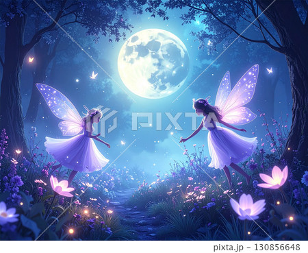 月明かりの下で花の上に立つ妖精と蝶の幻想的なイラスト 月明かりの下で花の上に立つ妖精と蝶の幻想的なイラスト 130856648