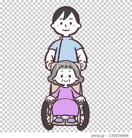 Illustration of a senior woman having her wheelchair pushed by a staff member 130856666