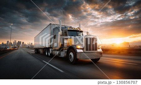 A large semi-truck driving at sunset 130856707