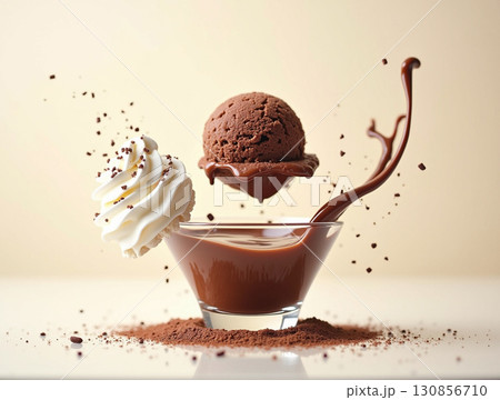 Delicious Chocolate Ice Cream Floating with Whipped Cream Dessert Bowl 130856710