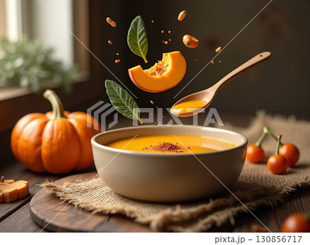 Still Life Composition Pumpkin Soup Garnished and Presented with Fall Elements 130856717