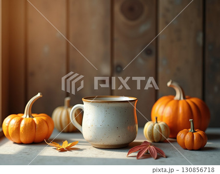 Warm Rustic Autumn Still Life with Mug and Small Pumpkins Composition 130856718