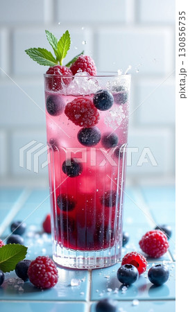 Refreshing Cold Berry Drink with Raspberry and Blueberry in Glassware Refreshing Cold Berry Drink with Raspberry and Blueberry in Glassware 130856735