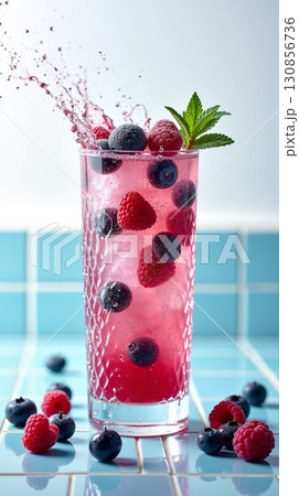 Refreshing Summer Berry Drink with Splash in a Textured Glass Still Life 130856736