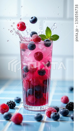 Refreshing and Colorful Berry Blast Beverage with Splashing Water Action 130856738
