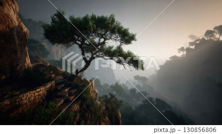 A lone tree atop a rocky mountain peak 130856806