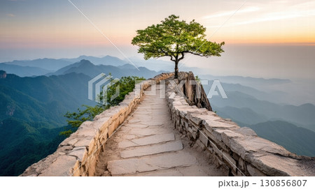 A lone tree atop a rocky mountain peak 130856807