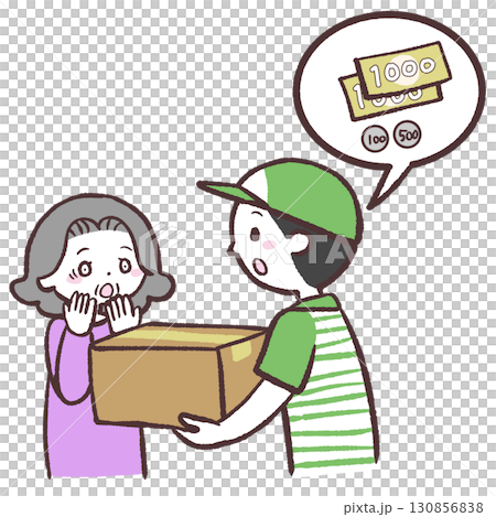 一位老年婦女因貨到付款而感到驚訝的插圖 130856838