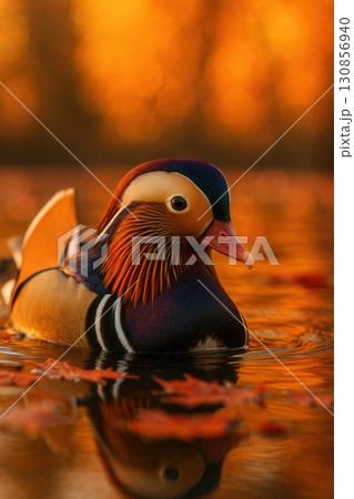 Mandarin Duck at Golden Sunset with Autumn Reflection 130856940