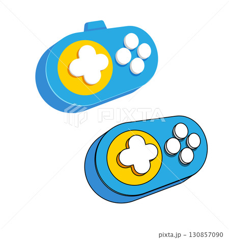 blue cartoon gamepad vector illustration, cute gaming console design for kids, fun graphic element for apps, websites, stickers, labels, creative game development, technology, entertainment 130857090