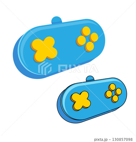 blue cartoon gamepad vector illustration, cute gaming console design for kids, fun graphic element for apps, websites, stickers, labels, creative game development, technology, entertainment 130857098