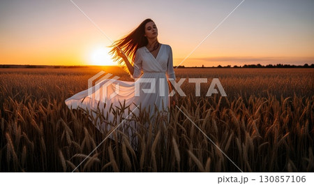 happy young woman in wheat field at sunset happy young woman in wheat field at sunset 130857106