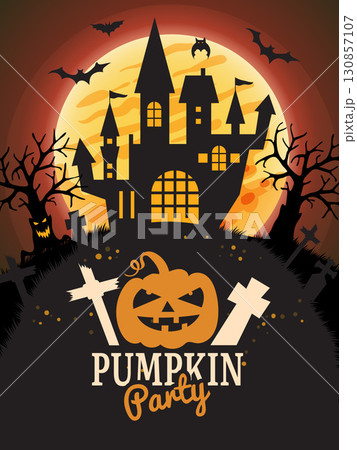Halloween poster. party invitation placard to scary pumpkin party. vector illustration with old gothic castle silhouette Halloween poster. party invitation placard to scary pumpkin party. vector illustration with old gothic castle silhouette 130857107