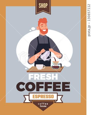 Coffee shop. poster for coffee house with barista. template with place for personal text Coffee shop. poster for coffee house with barista. template with place for personal text 130857112