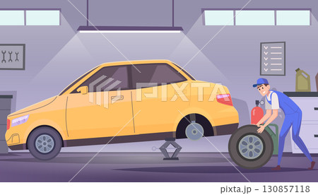 Car repair. man changing wheels in garage. vector cartoon background Car repair. man changing wheels in garage. vector cartoon background 130857118