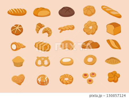 Bakery. Bun bread tasty baguette of different varieties recent vector bakery products in cartoon style 130857124