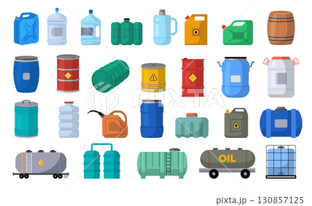 Liquid storage. Different size containers for liquids bottles canister industry barrels recent vector template set 130857125