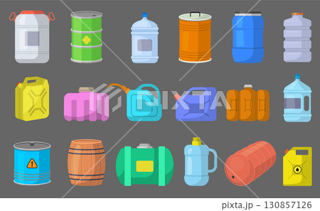 Containers for liquid. Canister jars cans and barrels bottles for different liquids recent vector cartoon illustrations 130857126