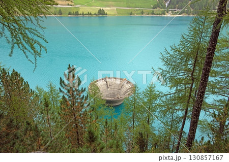 Vernagt reservoir with forest and dam structure South Tyrol Italy Vernagt reservoir with forest and dam structure South Tyrol Italy 130857167