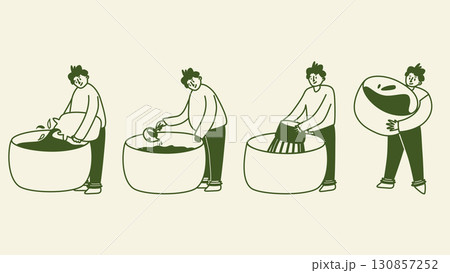 Illustration of a young man making matcha tea drink. Perfect for cafes, tea brands. Illustration of a young man making matcha tea drink. Perfect for cafes, tea brands. 130857252