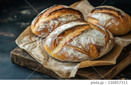Freshly Baked Artisanal Bread Loaves on a Wooden Board Ready for Serving. Freshly Baked Artisanal Bread Loaves on a Wooden Board Ready for Serving. 130857311