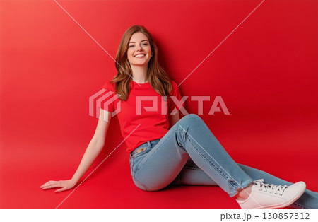 Smiling Young Woman Sits Against Vibrant Red Backdrop in Casual Outfit During Studio Session Smiling Young Woman Sits Against Vibrant Red Backdrop in Casual Outfit During Studio Session 130857312
