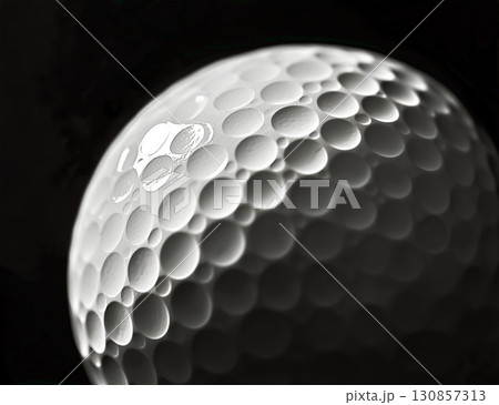 Close up of a Golf Ball Showcasing Dimples and Texture in Detailed Black and White. 130857313