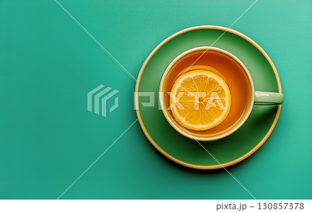 Orange Herbal Tea Served in a Green Cup Alongside Lemon Slice on Vibrant Background. 130857378