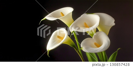 Stunning White Calla Lilies Elegantly Arranged Against a Dark Background. 130857428