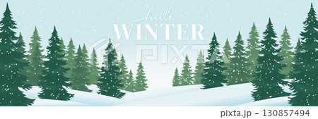 Winter Landscape with Evergreen Trees Vector. 130857494
