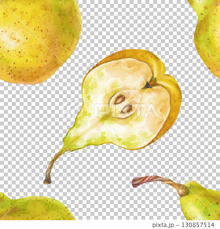 Watercolor seamless fruit pattern on a white background. Whole pears and halves are isolated on white. Botanical seamless background with juicy seasonal fruits. For packaging, wallpaper, kitchen 130857514
