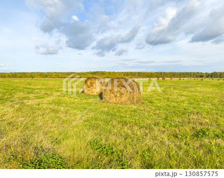 A field with two straw bales under a cloudy sky A field with two straw bales under a cloudy sky 130857575