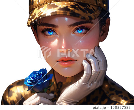 薔薇を添えたレオパード制服女性・透過PNGの高画質素材 130857582