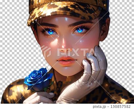 薔薇を添えたレオパード制服女性・透過PNGの高画質素材 130857582