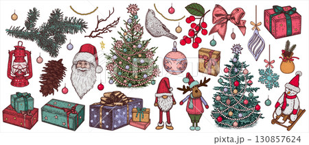 Big set of vintage Christmas design elements. Gifts, Christmas trees, New Year toys, decor. Hand drawn vector illustration. 130857624